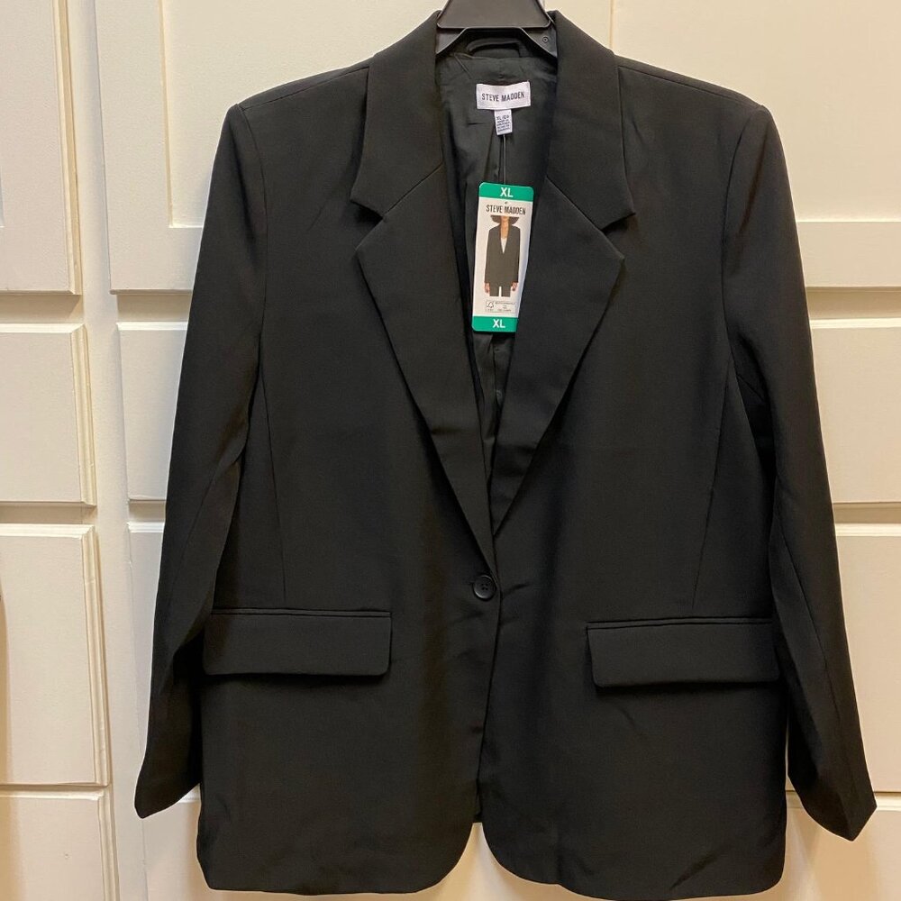 NWT Women's Steve Madden Long Sleeve One Button Black Suit Jacket Blazer, L, XL